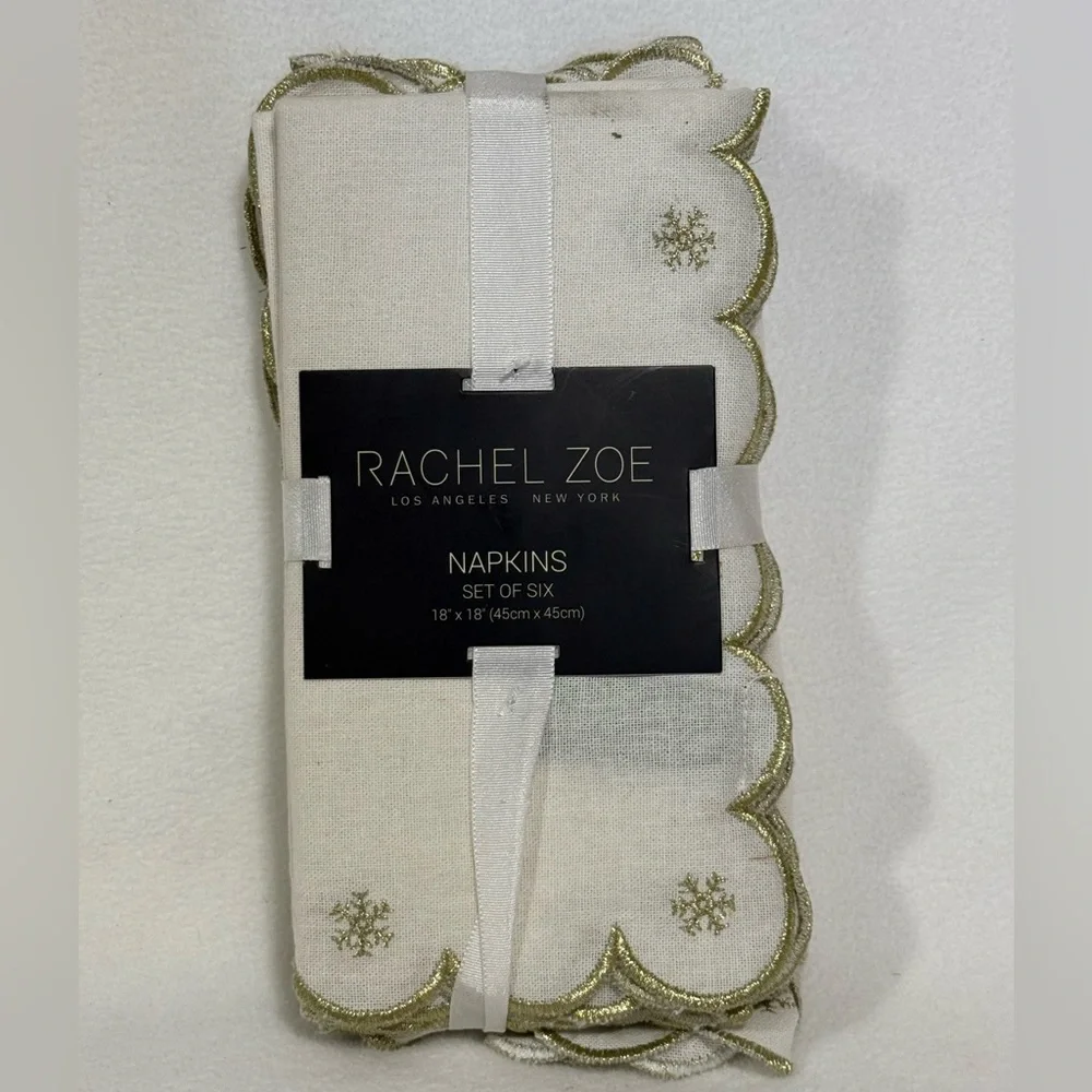 Rachel Zoe Set of 6 Cream and Gold Scalloped Napkins - New